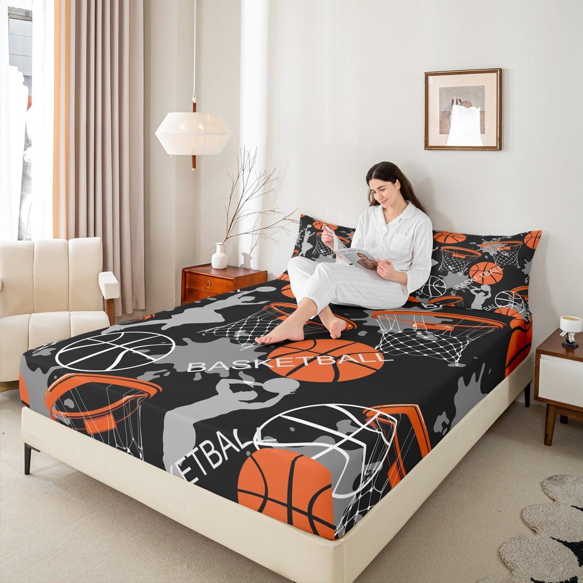 Feelyou Basketball Fitted Sheet for Kids Boys Girls Teens Sport Theme 3D Basketball Star Bed Sheet Set Skin-Friendly Microfiber Bed Cover Decor 3Pcs Bedding Set with 2 Pillowcases Full