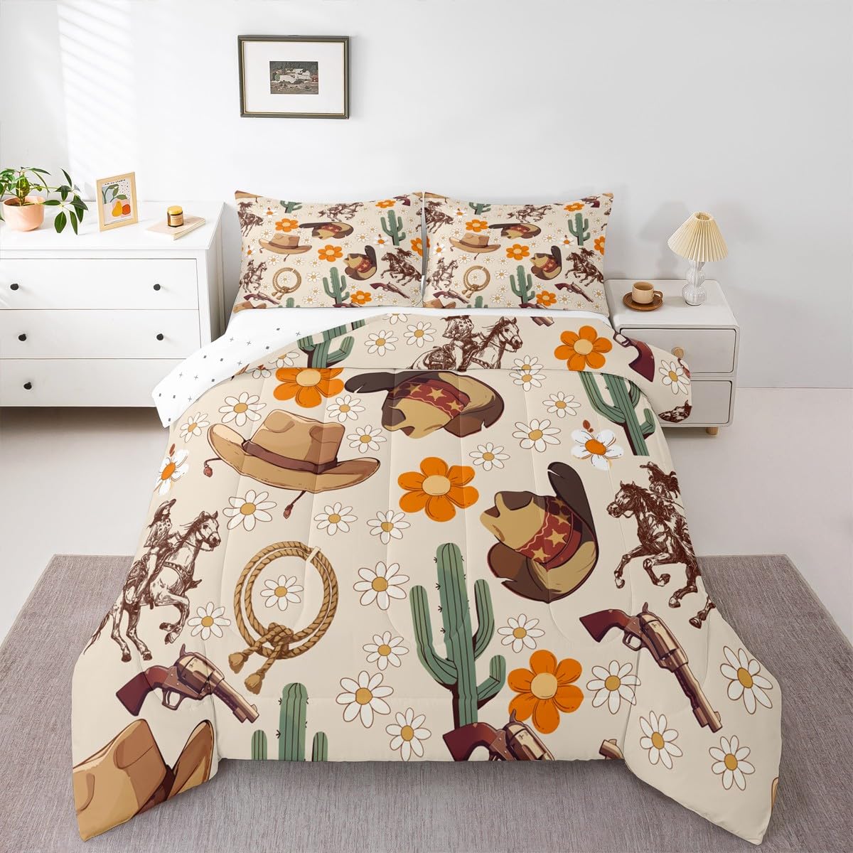 Feelyou Western Comforter Set All Season Cowgirl Floral Bedding Set with 2 Pillow Cases Western Cowboy Boots Kids Full Bedclothes Wild West Cactus Flower Bedroom Decor Pale Beige Duvet Quilt Soft