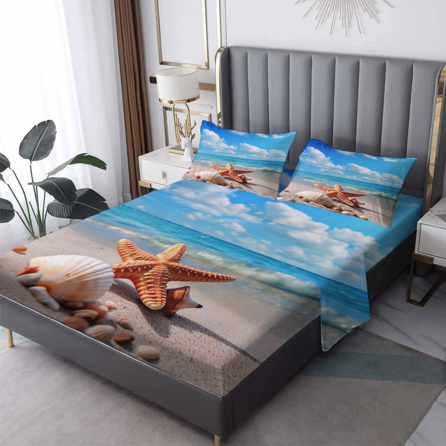 King Size Sheets Set - Beach Theme Bed Sheets, Starfish and Seashell Bedding Sheets & Pillowcases, Soft Microfiber & Deep Pocket & Wrinkle Free Sheet Set, 1 Fitted Sheet, 1 Flat Sheet, 2 Pillow Cases