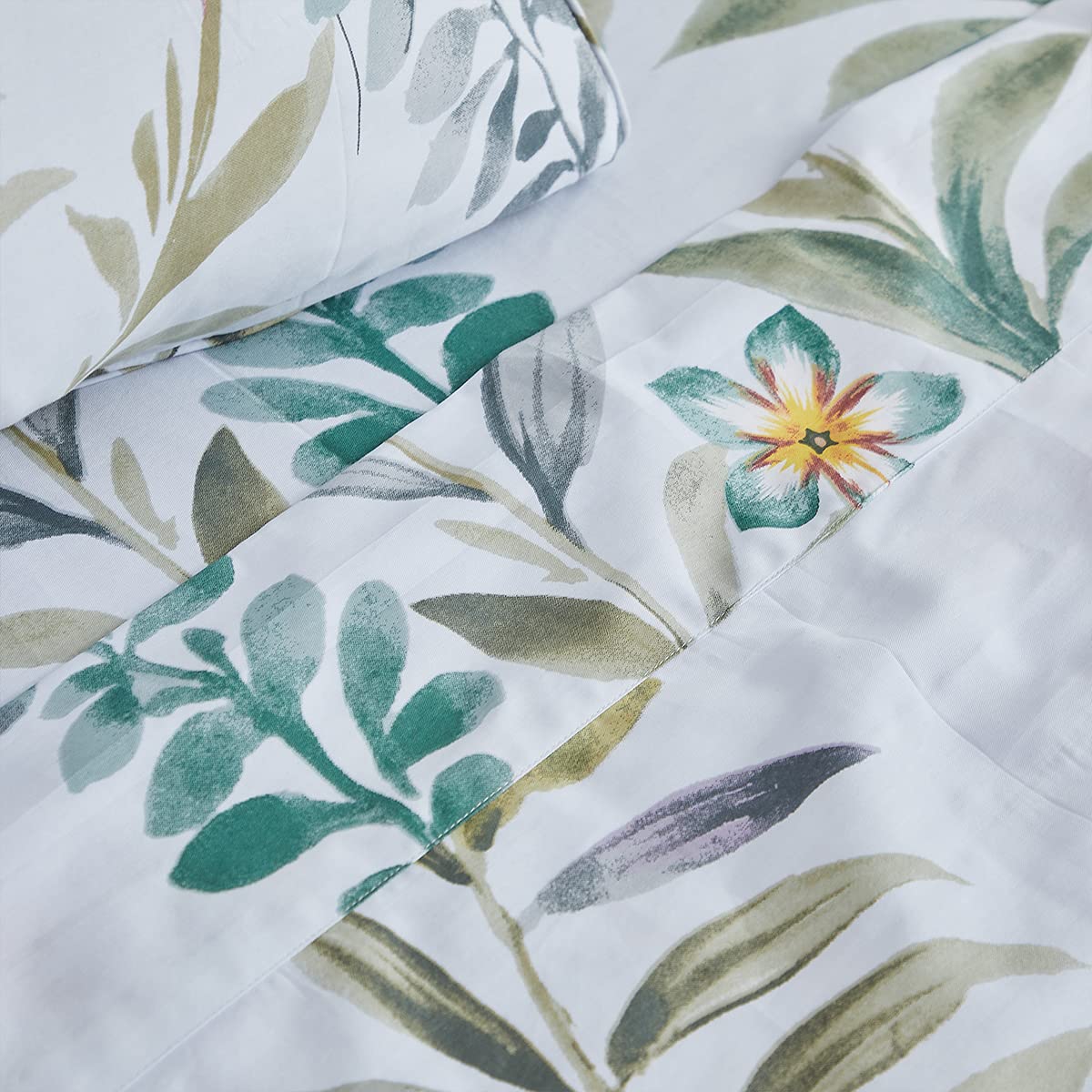 FADFAY Floral Leaves Sheet Set Queen, Premium 100% Cotton 600 TC Green Leaf & Teal Flower Watercolor Farmhouse Bedding, Super Soft Breathable Deep Pocket Bed Sheets Set, 4-Piece Queen