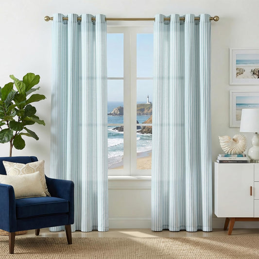 jinchan Linen Curtains for Living Room Aqua Blue on White Striped Curtains for Bedroom Ticking Stripe Pattern Light Filtering Farmhouse Cottage Core Rustic Grommet Window Treatment 2 Panels 84 inches