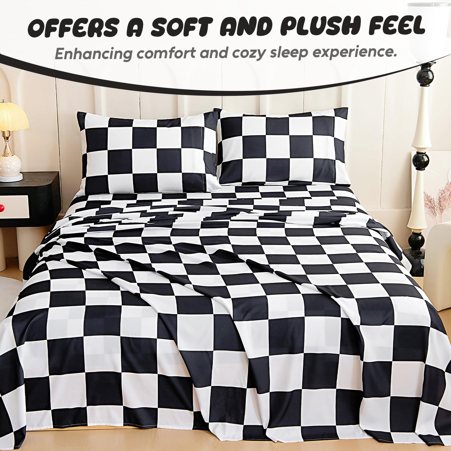 Homilay Full Sheet Set Kids - Black&White Plaid 4 Pieces Soft Microfiber Cartoon Style Bedsheets for Boys Girls Teens, Oeko TEX Breathable 15 Inch Deep Pocket Sheets(Chequered Flag)