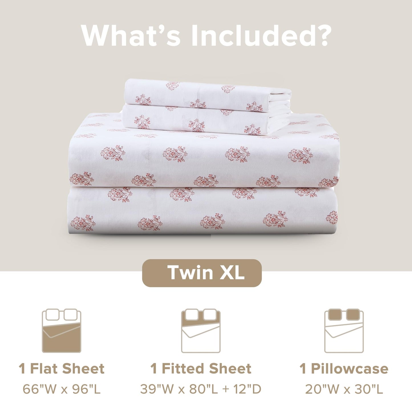 Comfort Spaces 100% Cotton Sheets Twin XL, Breathable, Naturally Cool Cotton Sheets, Soft Cotton Bed Sheets with 12" Elastic Pocket Fits up to 14" Mattress, All Seasons Sheet Set, Floral Pink 3 Piece