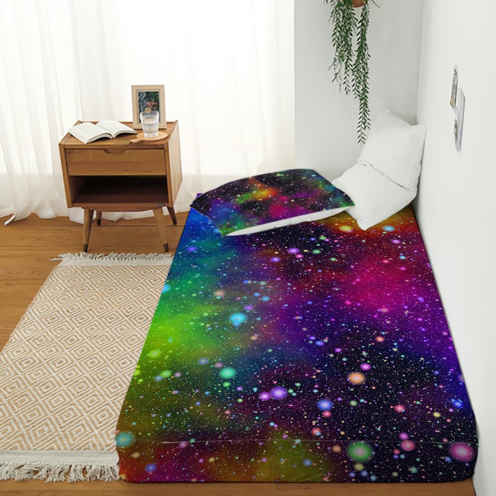 NiuOne Galaxy Fitted Sheet Set Rainbow Space Sheet Set for Girls and Boys Twin Bed 2PCS 1 Deep Pocket Sheets with 1 Pillowcases Wrinkle Free Microfiber(16,Twin)