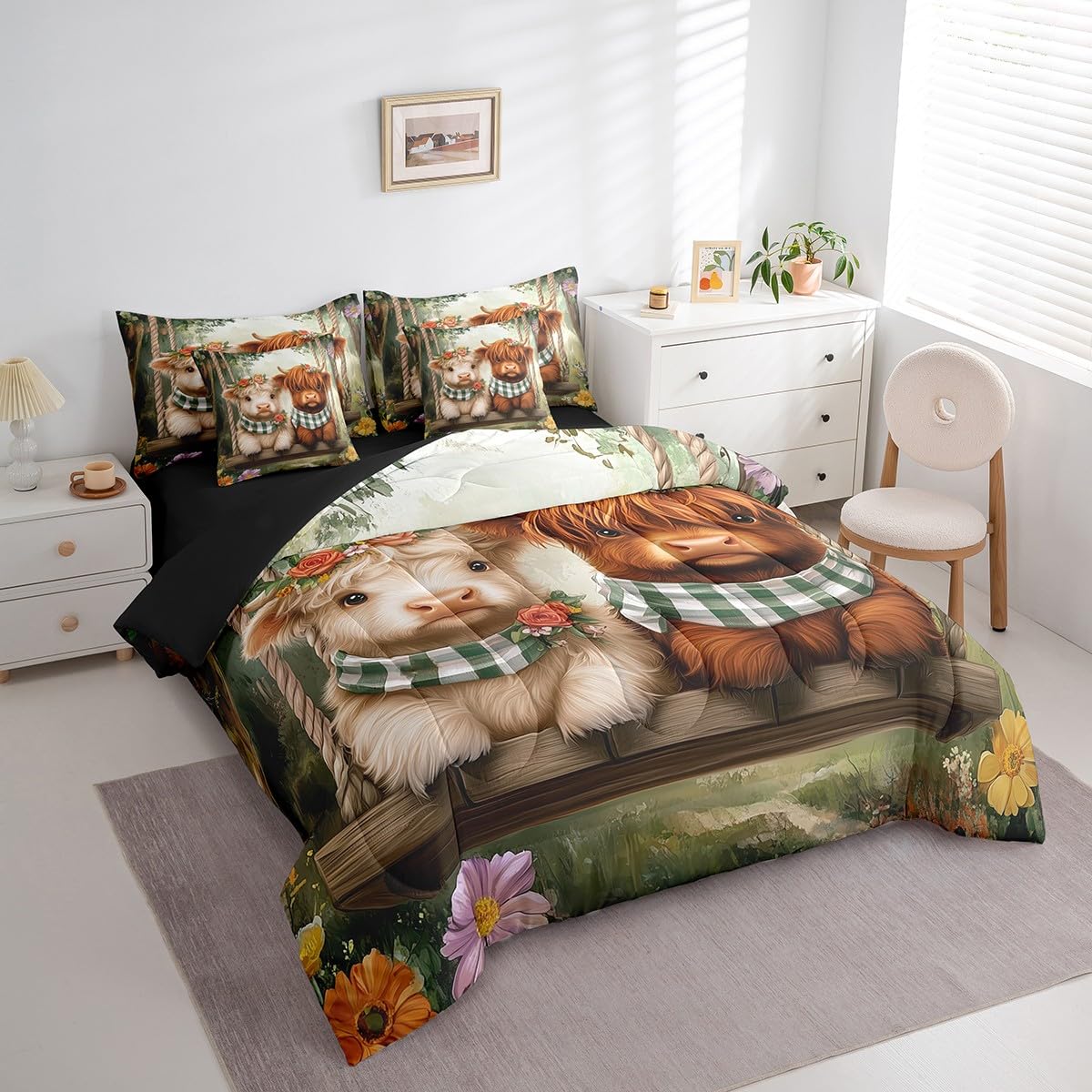 Erosebridal 7Pcs Highland Cow Kids Bedding Set for Boys,King Size Comforter Set with Sheets and Pillowcase,7Pcs Bed in a Bag,Western Cow Children Bed Set, Farmhouse Animal Comforter