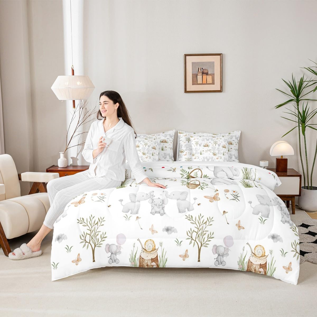 Erosebridal Kids Elephant Twin 7 Piece Comforter Set for Boys Girls Nursery Cute Cartoon Animals Bedding Set Woodland Snails Wildlife Comforter Elephant Family Stump Butterfly Trees Flat Fitted Sheet