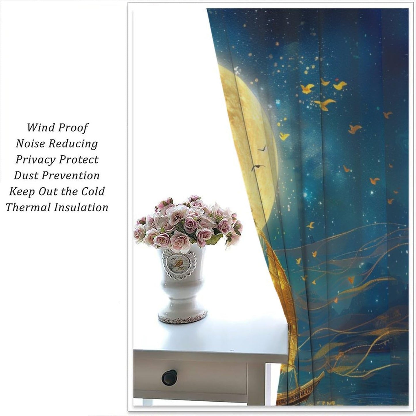 TOWINSFB Ancient Sailboat Star Moon Blackout Curtains for Living Room Bedroom, Night Nautical Ocean Scenery Window Curtains Rod Pocket Thermal Insulated Window Drapes, 2 Panels, Each 21W x 45L