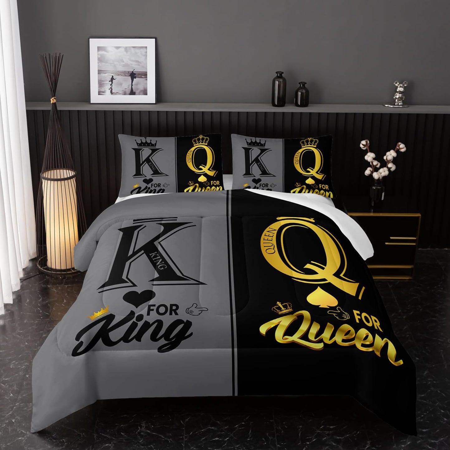 Nttopship King and Queen Crown Comforter Set Black and Gray Couple Bedding Set，3Pcs Mr Mrs Comforter Set for Adults Couple Men Women,His and Hers Quilt Set 2 Pillowcases Bedroom Decor Twin