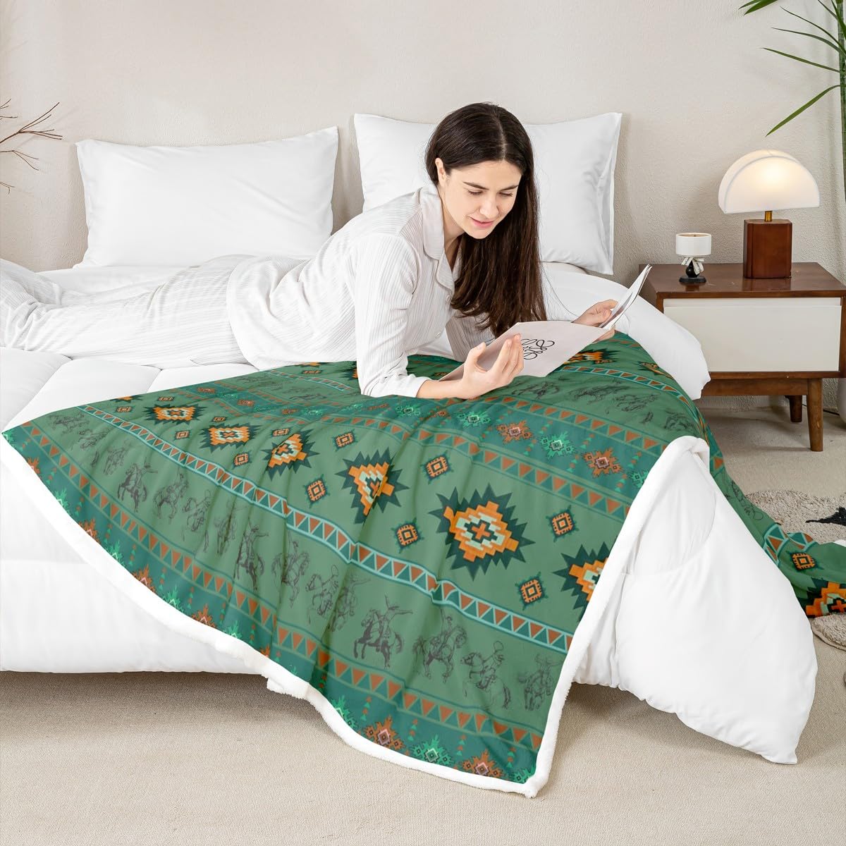 Feelyou Western Cowboy Throw Blanket Southwestern Aztec Pattern Fleece Sherpa Cozy Fuzzy Plush Warm Horse Riding Design Fuzzy Plush Throw Ranch Farmhouse 40"x50" Green Orange for Bed Couch Living Room