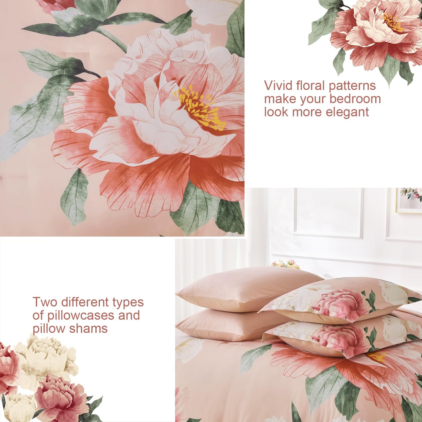 Dobuyly Coral Comforter Set Queen 7 Piece Bed in a Bag for Girls Women, Coral Pink Floral Bedding Set, Soft Microfiber Bed Set with Comforter, Sheets, Pillowcases & Shams