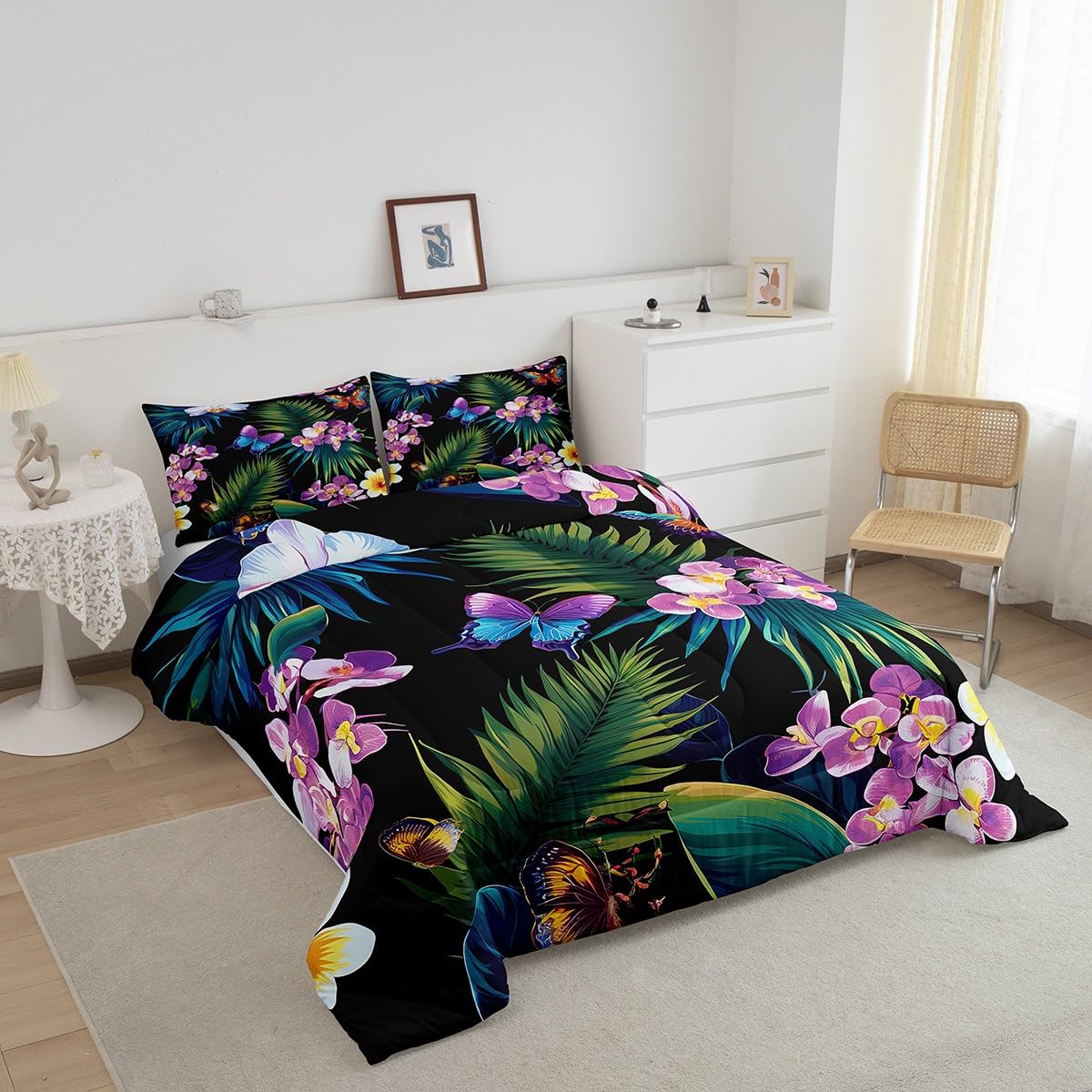 jejeloiu Butterfly Bedding Set Full Size Kids Tropical Leaves Comforter for Boys Girls Botanical Comforter Set Nature Summer Duvet Set Room Decorations Quilt Set