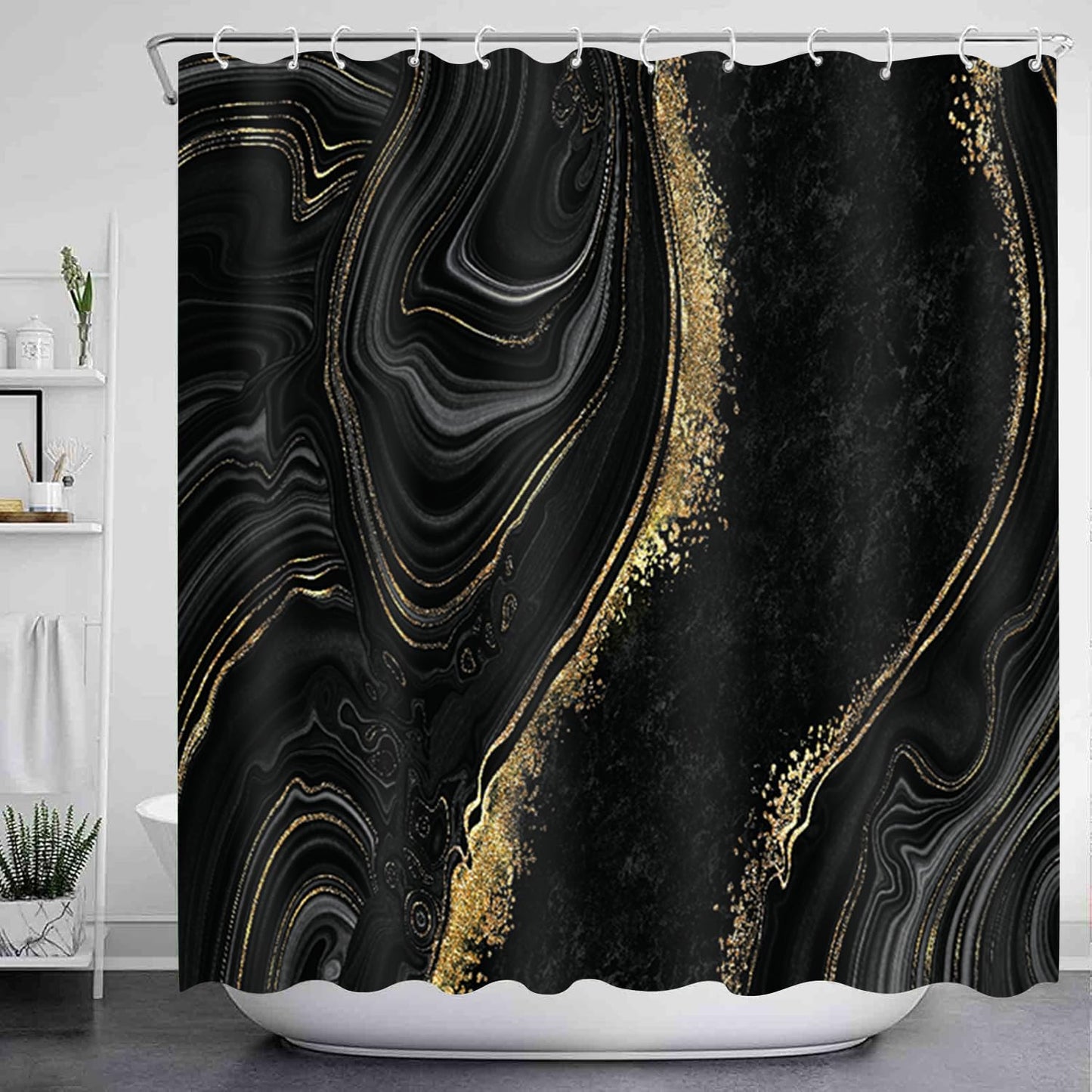 NBVKO 4Pcs Black Gold Marble Shower Curtain Sets with Rugs Bathroom Sets with Shower Curtain and Rugs Modern Abstract Bathroom Decor Accessories Shower Curtains for Bathroom Toilet Lid Cover