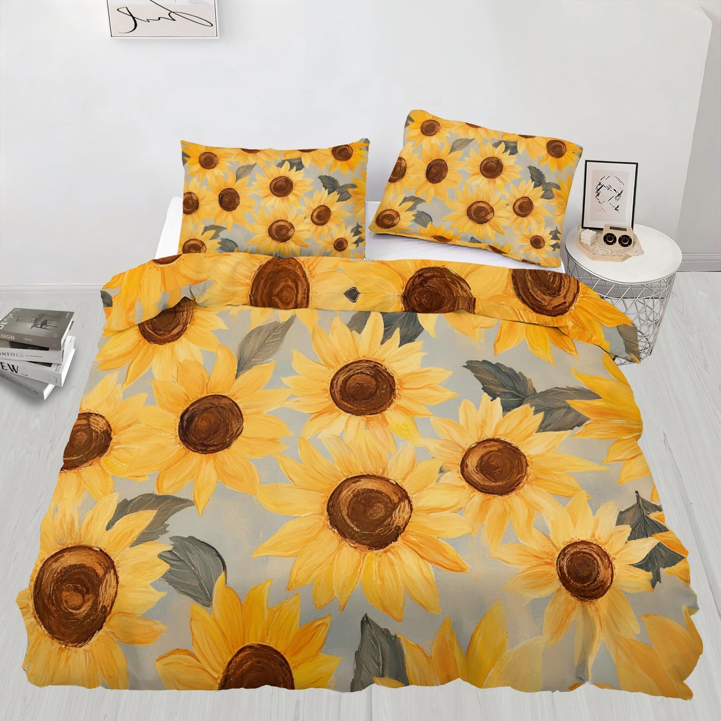 PAISUOQ Sunflowers Duvet Cover Queen Size, Rustic Florals Bedding Sets, 3 Piece, Soft Microfiber Patterned Comforter Cover with Zipper Ties & 2 Pillowcase, Countryside Bedroom Decor & Gifts