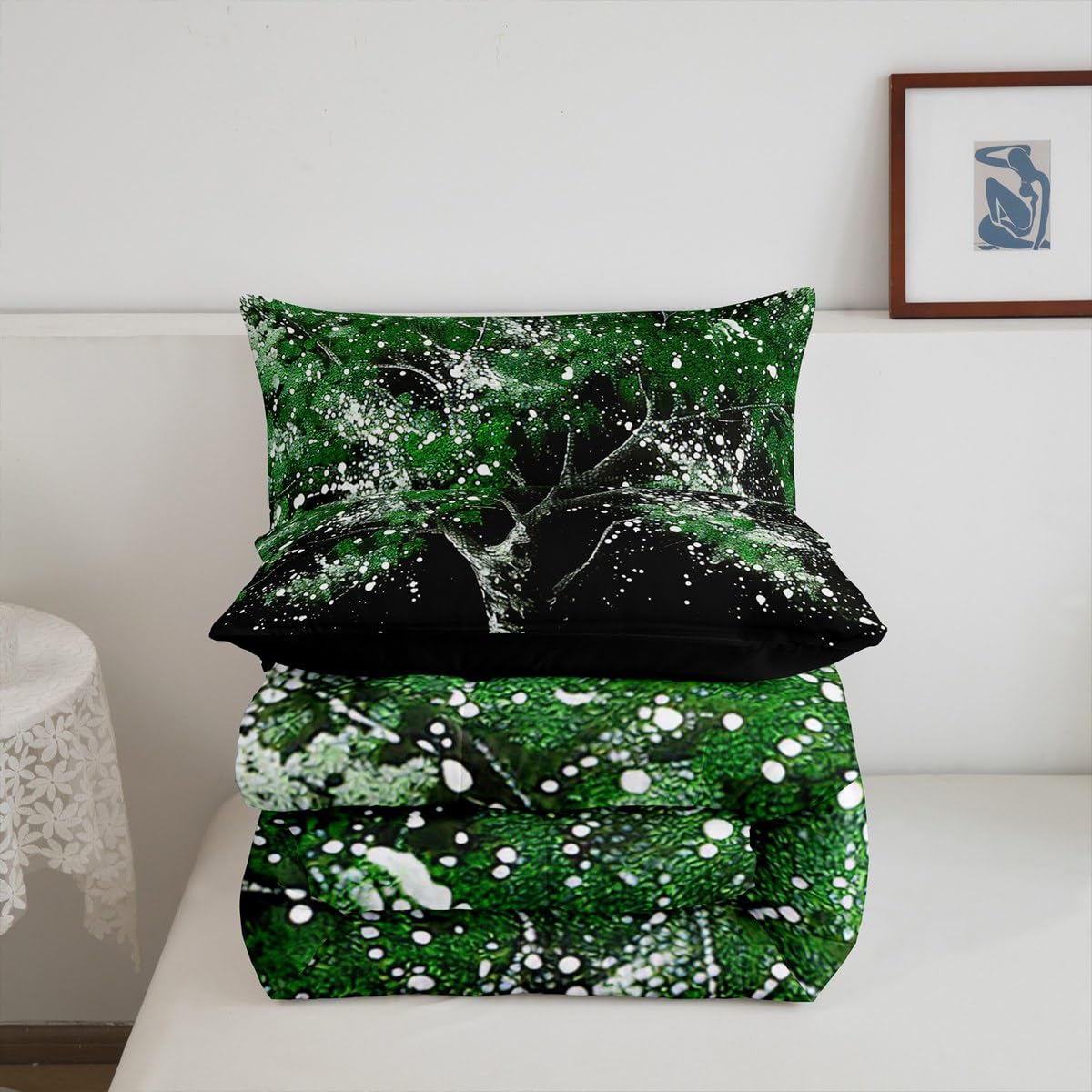 Manfei Green Tree Comforter Set for Kids,Abstract Nature Grass Bedding Set Teens Boys Room Decor,Tree Painting Print Comforter with 1 Pillowcase for All Seasons,Twin