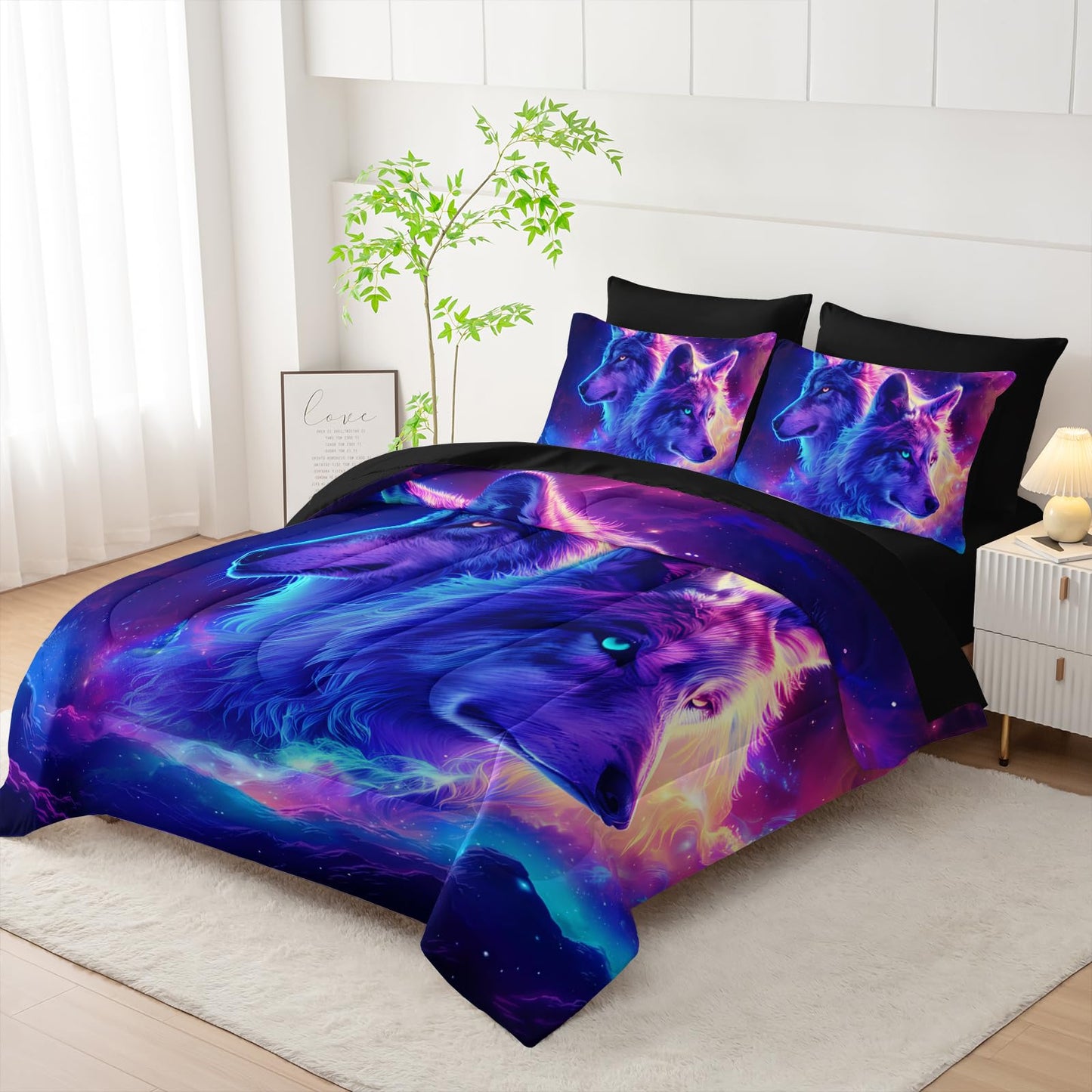 AILONEN Galaxy Wolves Comforter Set - 7Pcs Soft Twin Size Bed in a Bag - Neon Starry Wolf Comforter,Fitted Sheet,Flat Sheet,2 Pillowcases,2 Pillow Shams for Room Decor