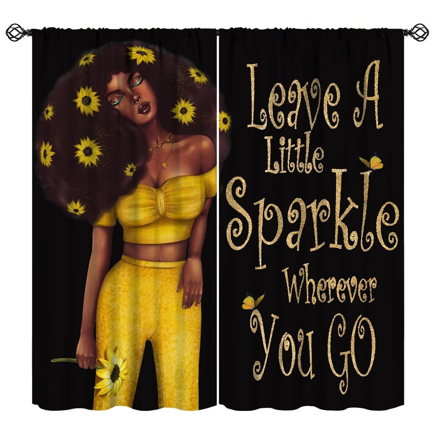 JESTRONRY Black Girl Curtains,Hippie Fashion Sunflower Girl Blackout Rod Pocket Window Drapes for Living Room Bedroom Kitchen Bathroom Home Decor 42x45in