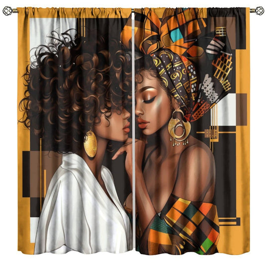 African Women Curtains Native Fashion Black Girl Headscarf Pattern Blackout Print Rod Pocket Window Drapes for Bedroom Living Room 42x45in