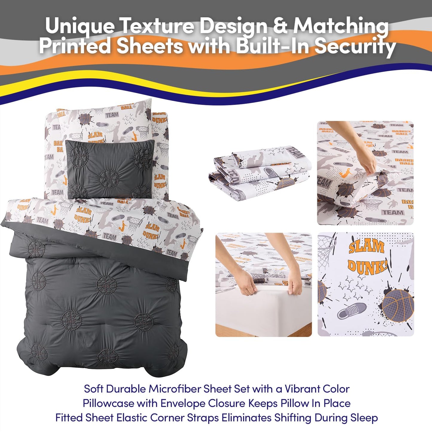 Basketball Pintuck Comforter Set Twin Size – Bed in a Bag with Sheets, Pillowcases & Shams – Soft Stylish Sports Bedding – All Season Boy’s Basketball Bed Set