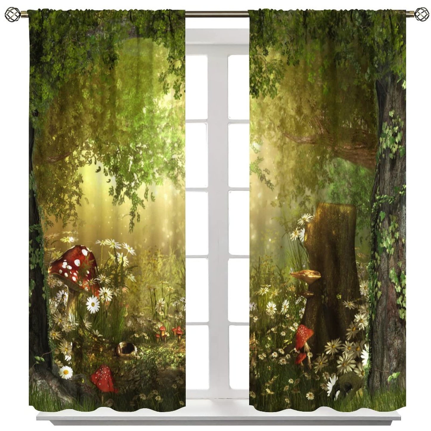 Dream Forest Curtains Beautiful and Charming Fairy Tale Lush Forest Land Mushroom Stumps Flowers Suitable for Kitchen Blackout Window Drapes Decoration 2 Panels Green 42x45 Inch