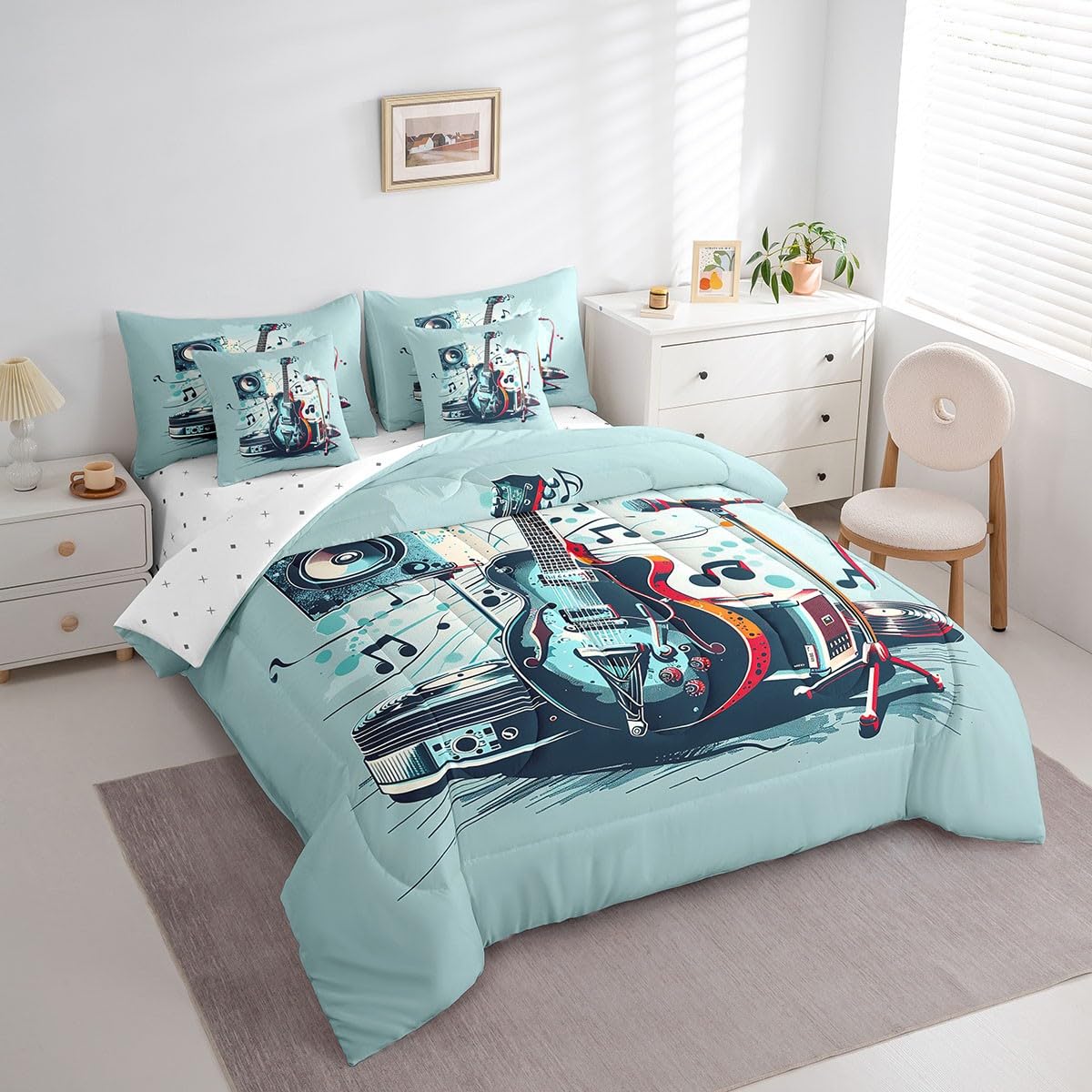 Erosebridal Music Bed in a Bag Twin Comforter Set 7 Piece,Chic Electric Guitar Audio Bedding Sets for Kids Boys Girls Teens Youth Rock Music Instrument Sheet Set with Comforter,Blue Black