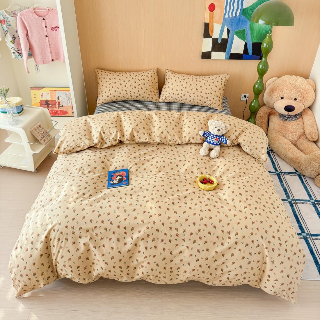 LIWHENHAO Mushroom Duvet Cover Set Twin 100% Cotton Bedding Cartoon Brown Mushroom Red Flowe on Beige 1 Cute Kawaii Plant Garden Comforter Cover Zipper Closure 2 Pillowcases for Kids Girls Boys