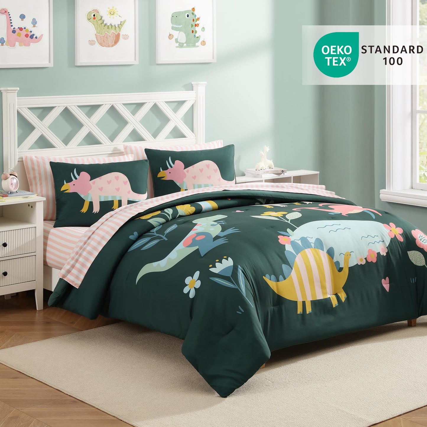 AMBERSPACE Twin XL Comforter Set for Girls, Dinosaur Kids Bedding Set with Cute Floral, All Season Boys Teen Bed in a Bag Dorm 5 Pieces with Sheets, Pillowcase & Sham
