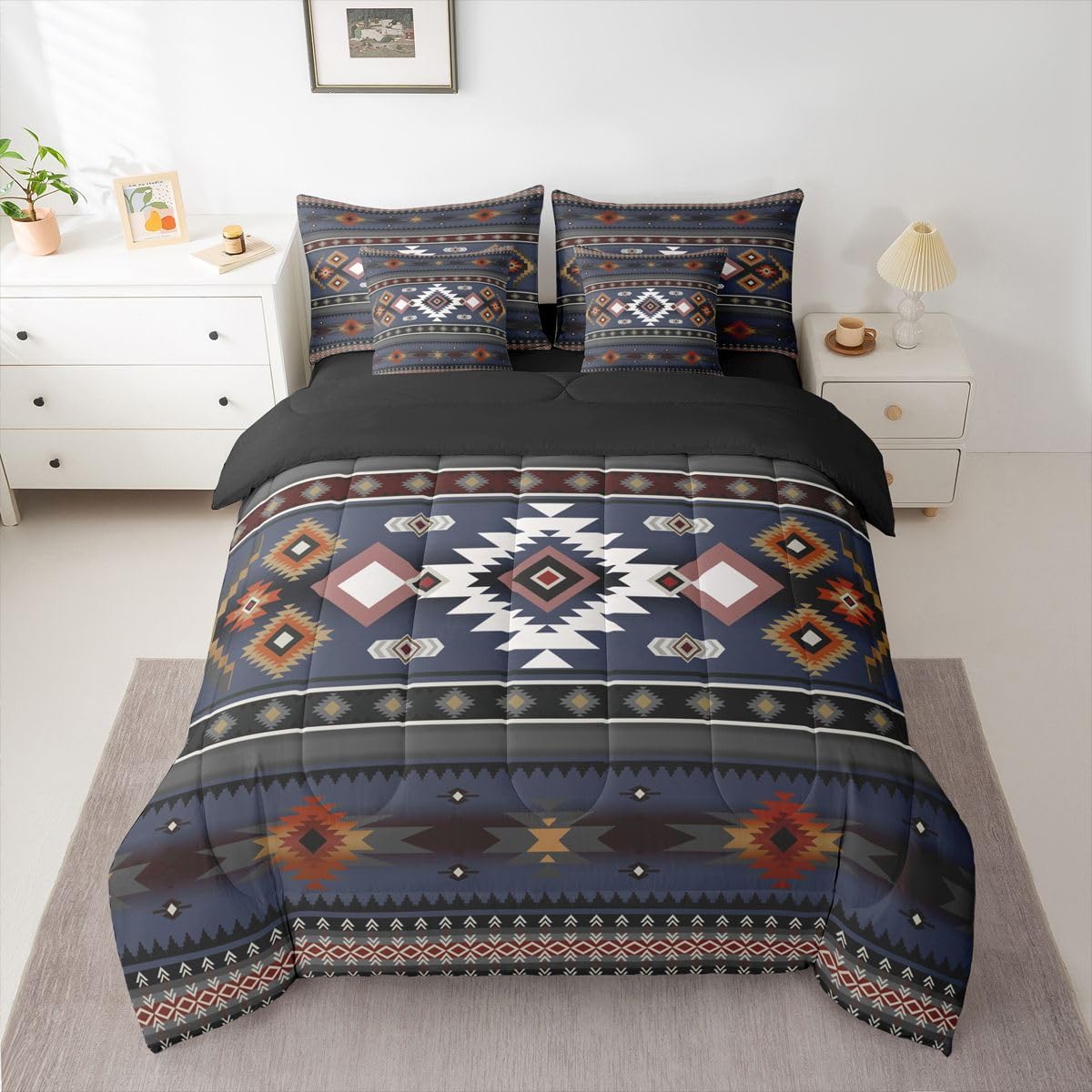 Erosebridal Black Red Grey Aztec Farmhouse Full Comforter Set 7 Pieces | Southwestern Bohemian Bed in A Bag for Bedroom Cowboy Tribal Bedding Set with Comforters Cowgirl Adults Room Decor