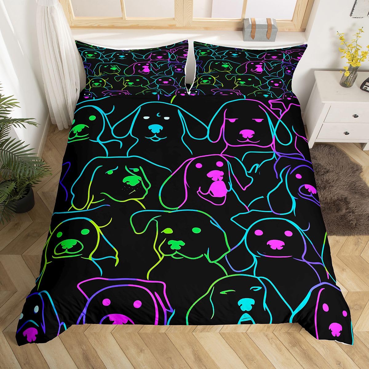 Erosebridal Dog Themed Bedding Full Cute Simple Strokes Animal Comforter Cover for Kids Boys Girls Soft 3 Pcs Duvet Cover, Rainbow Bright Colorful Pet Kawaii Puppy Pattern Bedspread