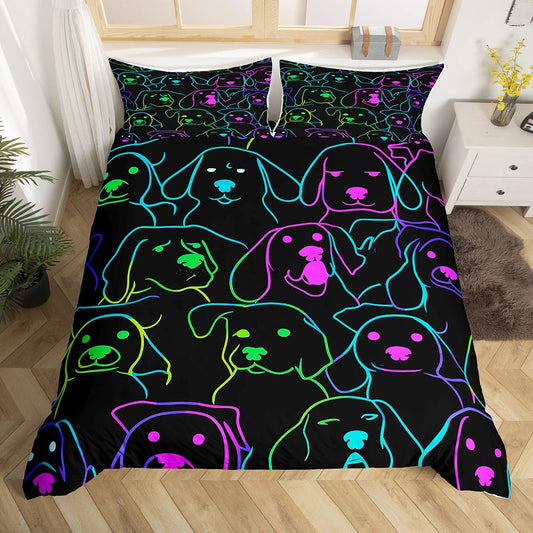 Dog Themed Bedding King Cute Simple Strokes Animal Dog Comforter Cover for Kids Boys Girls Soft 3 Pcs Duvet Cover, Rainbow Bright Colorful Pet Dog Bedding Kawaii Puppy Pattern Bedspread