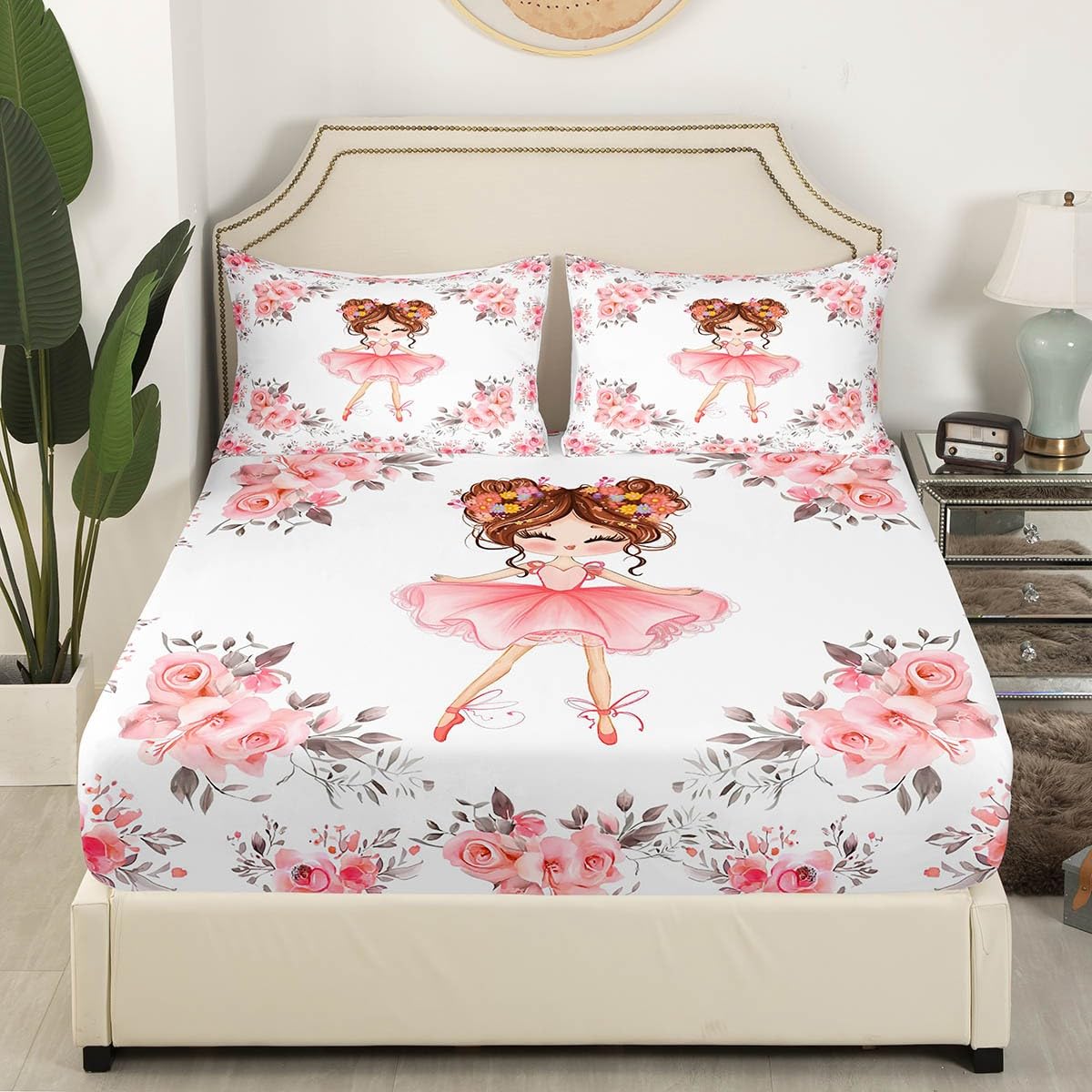Erosebridal Ballet Bedding Sets Twin for Girls Kids Ballerina Design Fitted Sheet Cute Little Dancers Rose Flower Print Bed Sheets Girly Love Gymnastics Modern Trendy Pink White