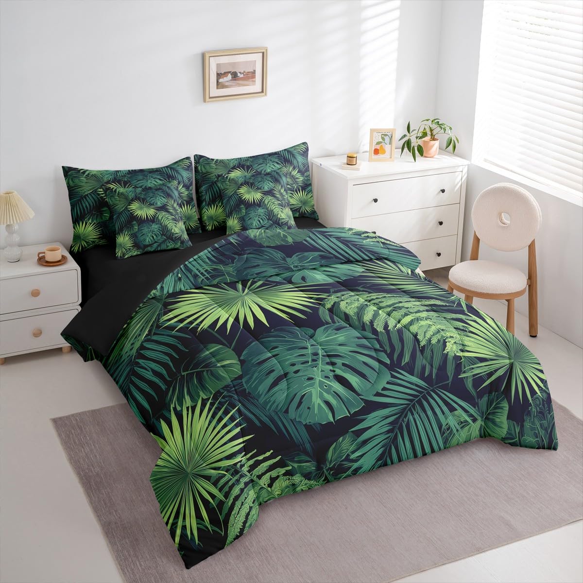 Erosebridal Palm Leaves King Comforter Set 7 Pieces, Monstera Bed in A Bag for Bedroom, Hawaii Tropical Leaves Bedding Set with Comforters, Sheets, Pillowcases Summer Boho Hippie Style Room Decor