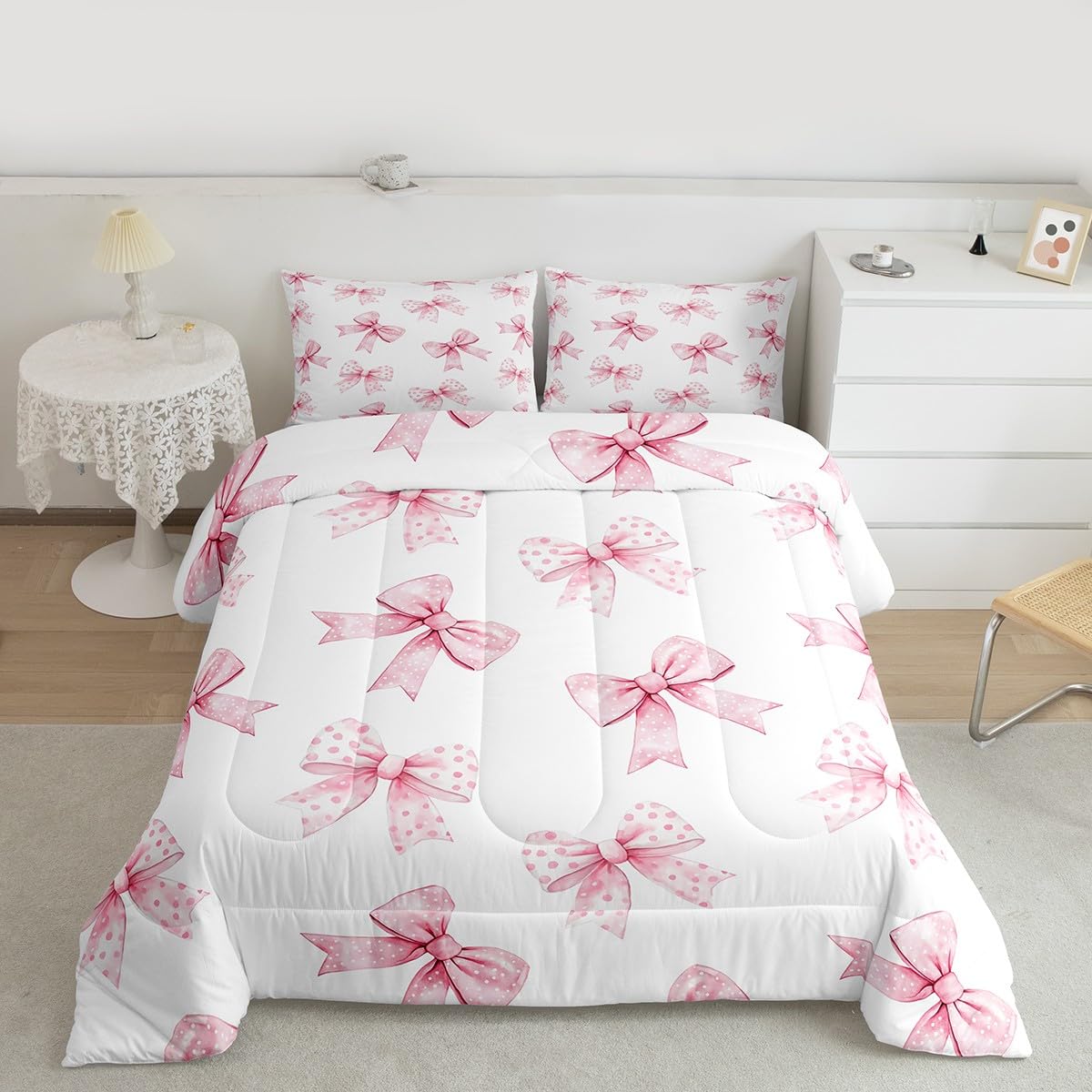 Erosebridal Pink Bow Kids Bedding | Coquette Bowknot Full Comforter Sets,Princess Girls Ribbon Bowtie Comforter Watercolor Cute Duvet Insert with 2 Pillow Cases