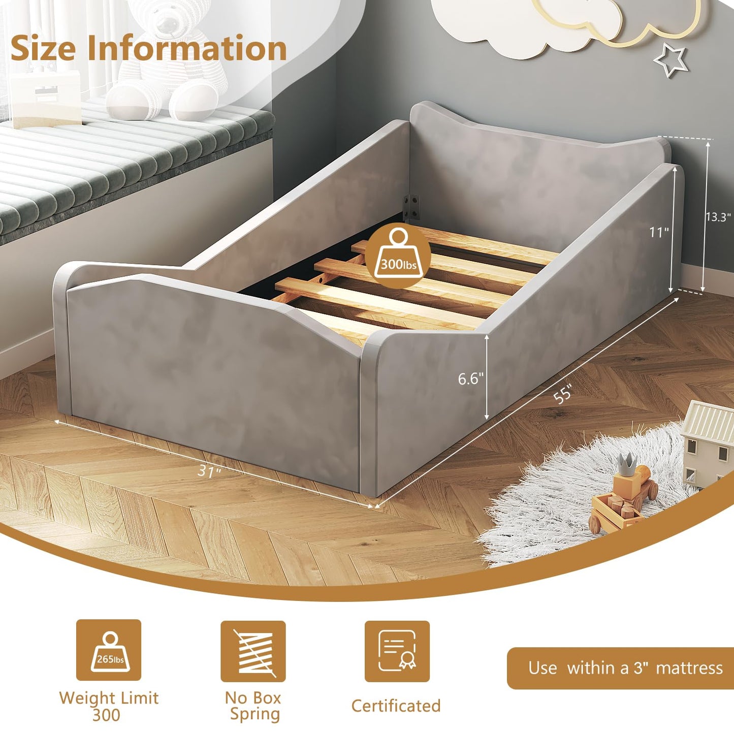 JOYMOR Toddler Bed, Floor Bed with Safety Guadrail, Montessori Toddler Bed with Animal Ear Shapes, Soft Velvet Wood Bed for Infant, Kids, Mattress not Included (Gray)