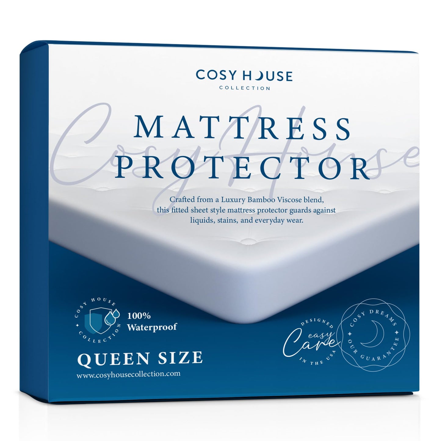 Cosy House Collection Luxury Mattress Protector - Blend of Rayon Derived from Bamboo - Master Bedroom Essentials - Ultra Soft Comfort, Stays Cool & Quiet - Premium Fitted Sheet Style (Queen) White