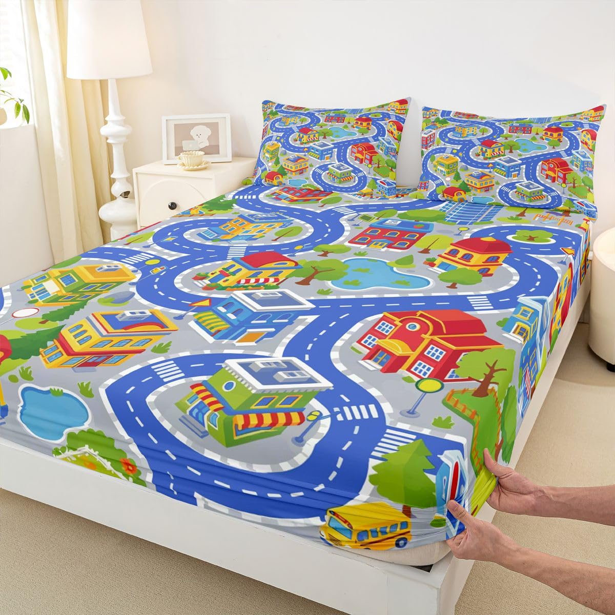 Manfei City Road Map Fitted Sheet Set Cartoon Town Houses Street Bedding Set for Kids Bedroom Adventure Educational Childlike Bed Sheet Set 3pcs Deep Pocket Mattress Cover,No Top Flat Queen Blue Gray