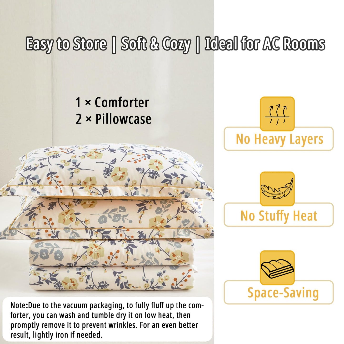 LEMIROE Yellow Floral Cotton Comforter King Size - Orange, Blue & Slate Gray Botanical Pattern on Off White, Reversible Design, 3PC Lightweight Bedding Set with Soft Alternative Fill (King)