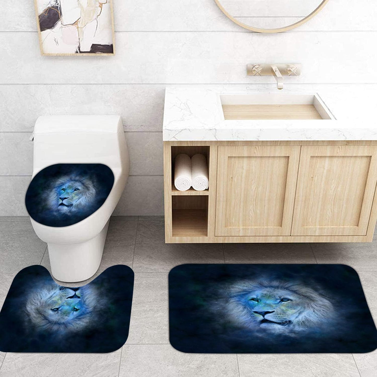 4PCS Navy Blue Lion Shower Curtain Set, Animal Style Bathroom Decor