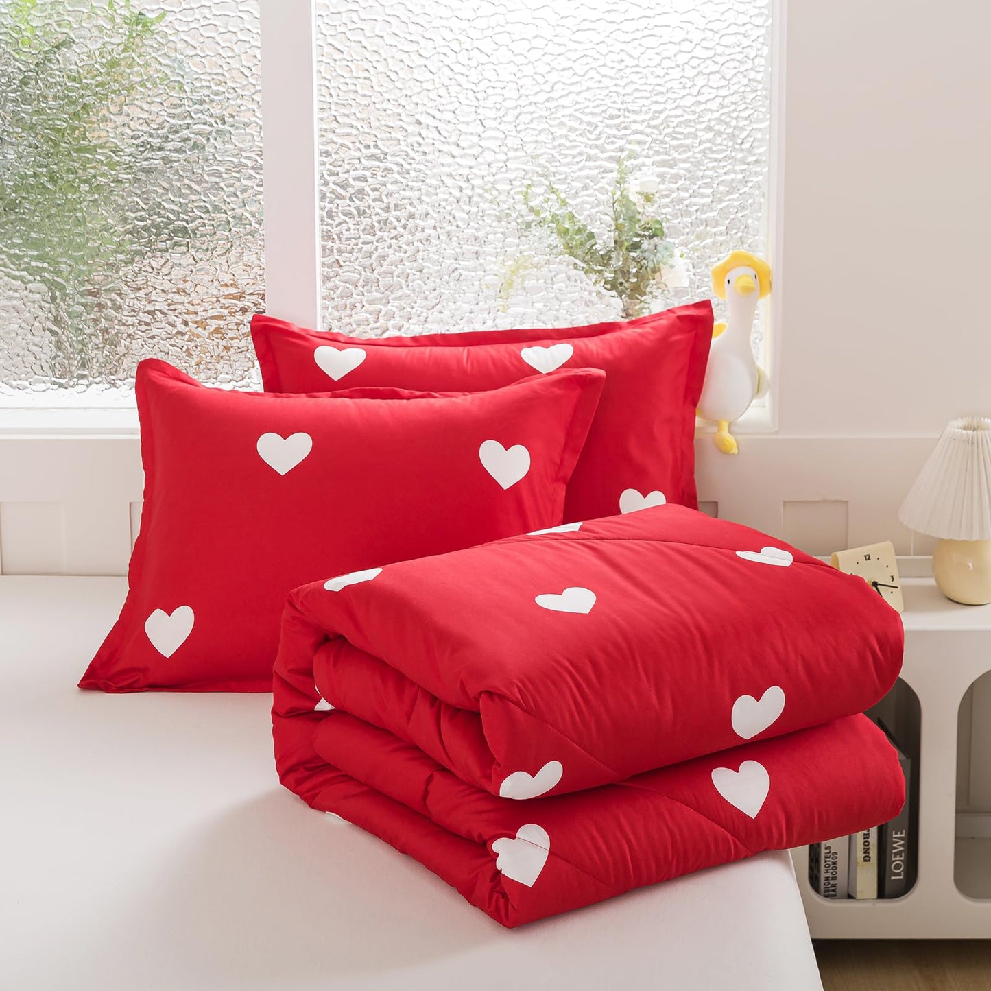 Caressma Love Comforter Set Twin Size - Cute White Heart Print Red Bedding Comforter with Matching Pillowshams