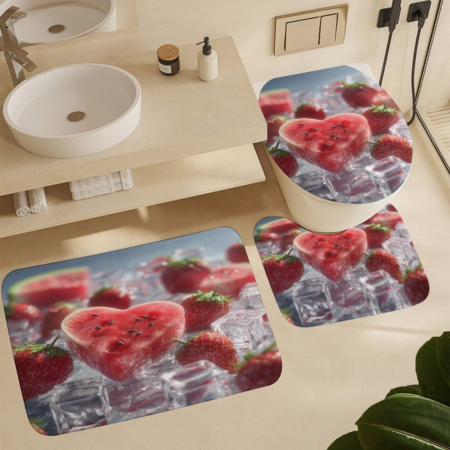 INSFBRB Realistic Rustic Watermelon Shower Curtain Sets with Rug,Toilet Lid Cover and Bath Mat,Colorful Modern Summer Ice Cubes Fruit Watermelon Strawberries 4 Piece Bathroom Set