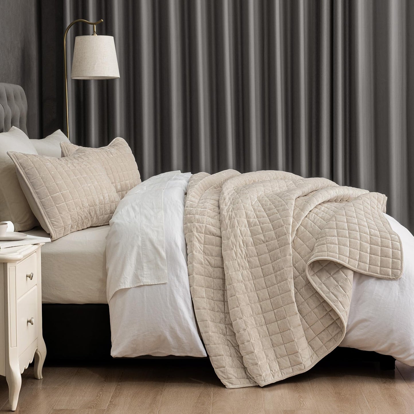 PHF Luxurious Velvet Quilt Set Queen Size – 3PCS Super Soft Quilted Comforter Alternative with Square-Box Quilt Pattern, Warm Quilted Bedspread Coverlet, 90" x 92", Oxford Tan