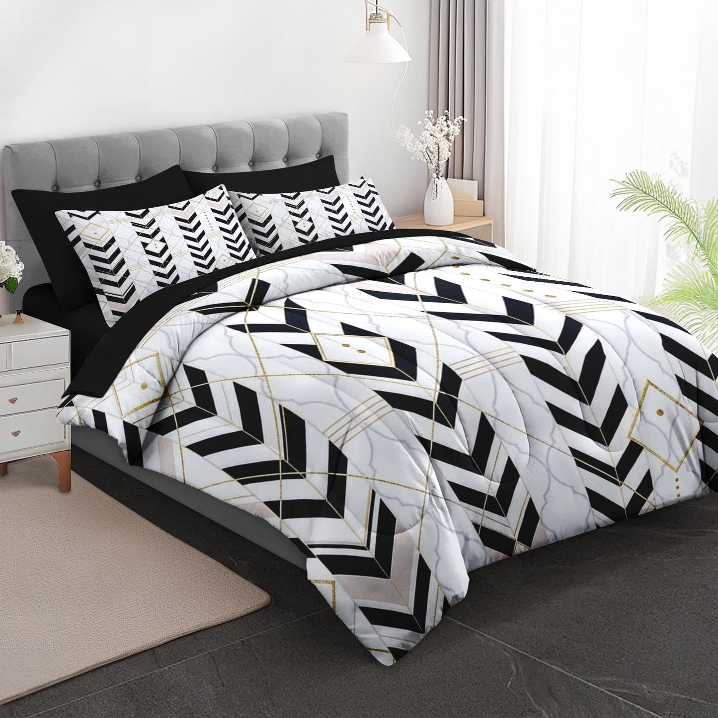 Boewywh Comforter Set Twin Size Geometric Gold Modern 7 Pcs, Bedding for Kids and Adults, Black Boho Bed Sheet Sets with Fitted Sheet 2 Pillowcases & 2 Shams for Bedroom Bed Decor