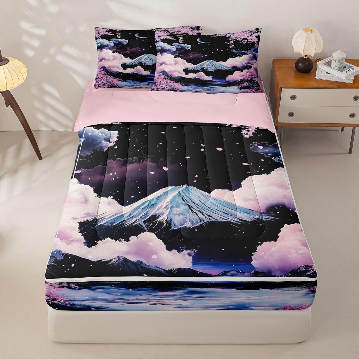Erosebridal Japanese Cherry Blossom Zip Up Bedding Comforter Sets Twin Size, Japanese Style Comforter in One Zipper - Japan Mount Fuji Bedding Set with Pillowcases