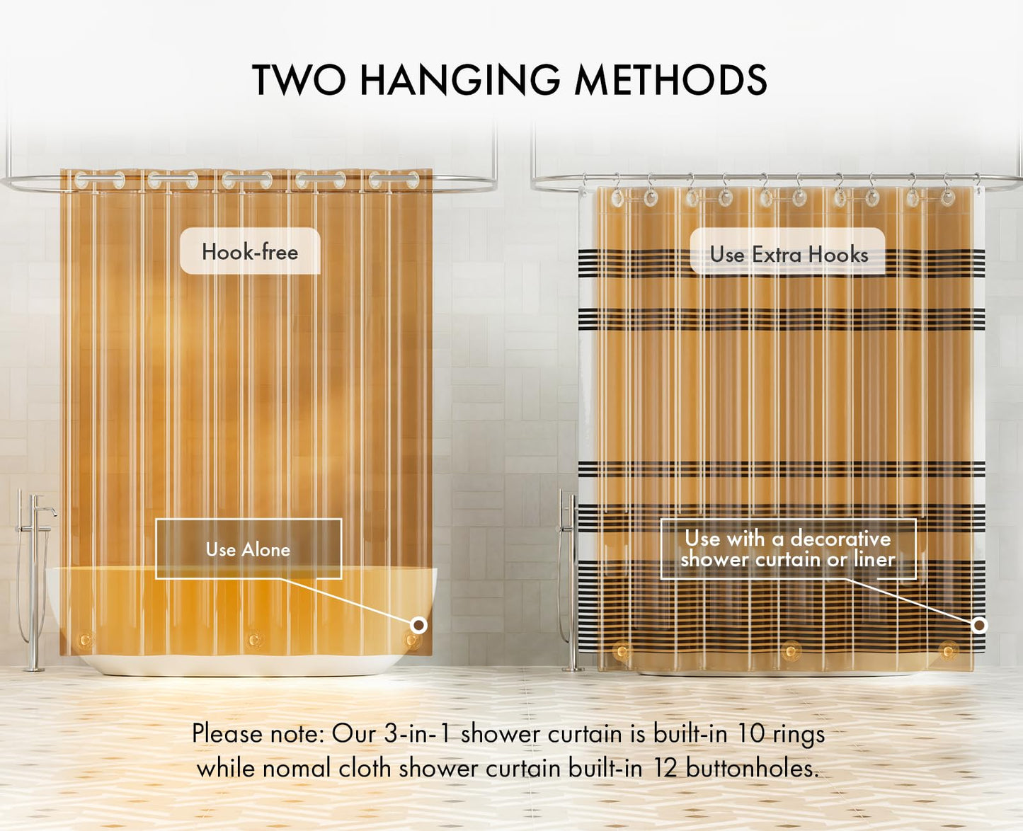 AmazerBath No Hook Shower Curtain and Liner 3-in-1, 8G Luxury Heavy Duty Clear Orange No Hook Shower Curtain Liner, 72x75 Cute EVA Bathroom Weighted Plastic Shower Curtain with 3 Heavyweight Stones