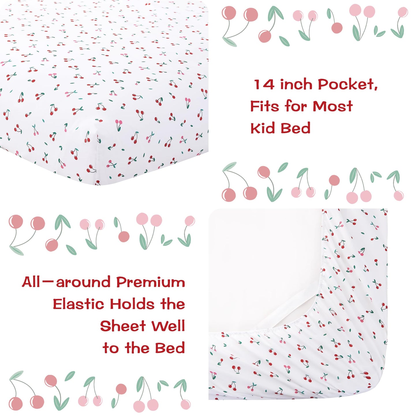lasoftan Kids Sheet Set Twin Size, Twin Sheet Set with Little Cherry Pattern，Breathable Silky Soft Microfiber Kids Fitted Sheet