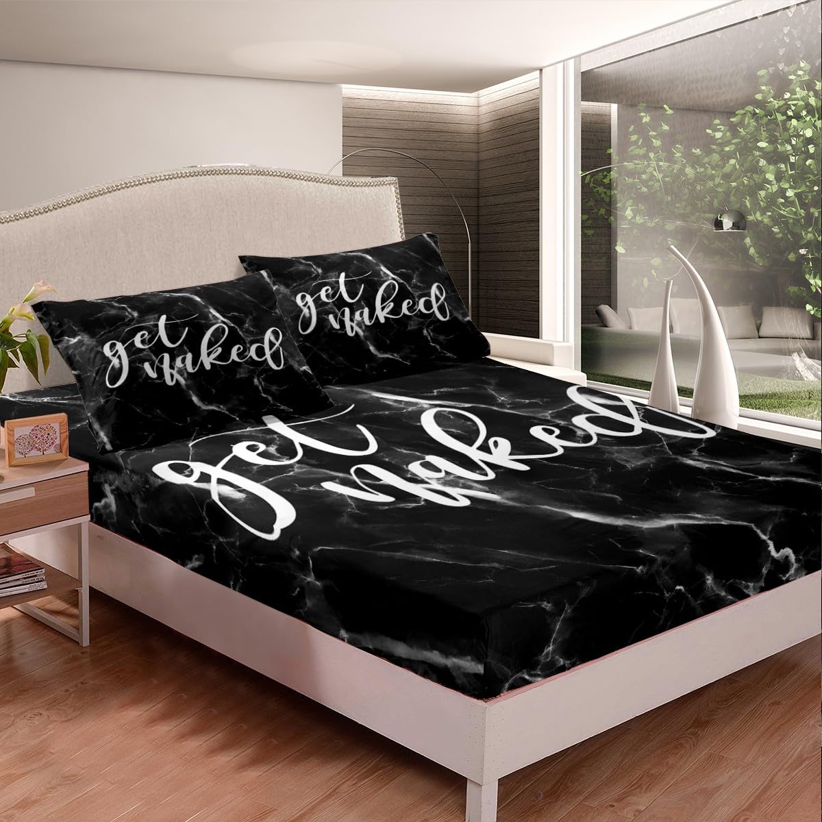 Black White Marble Bed Sheet Set for Kids Boys Girls Women Men Get Naked Fitted Sheet Full Size Funny Quote Bedding Set Room Decor Simple Modern Abstract Bedding Sheets 3Pcs Bedroom Collection