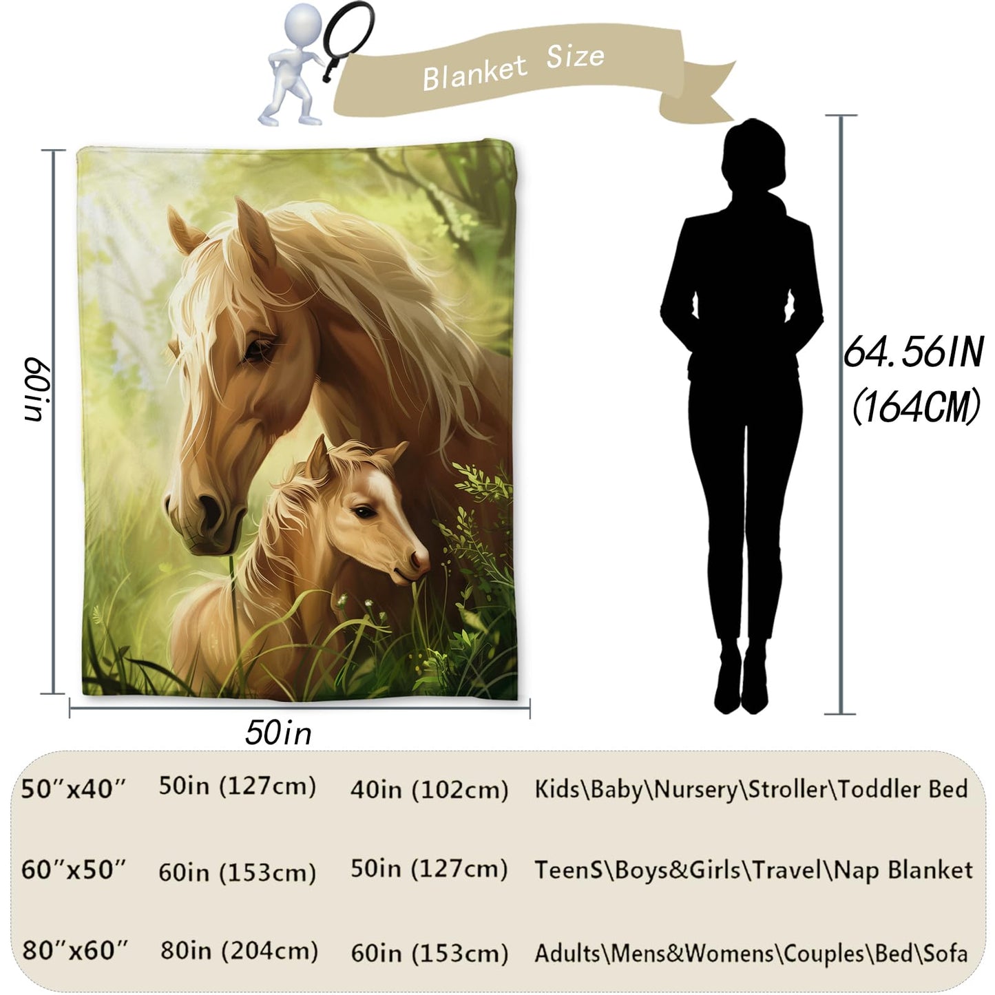 Ti Caldi Cute Horse Blanket, Soft Warm Lightweight Animal Flannel Throw Blanket for Couch, Bed, Travel & Outdoor, Cozy Fluffy Fuzzy Blankets for Women Boys Girls, Home Decor 60×50 in