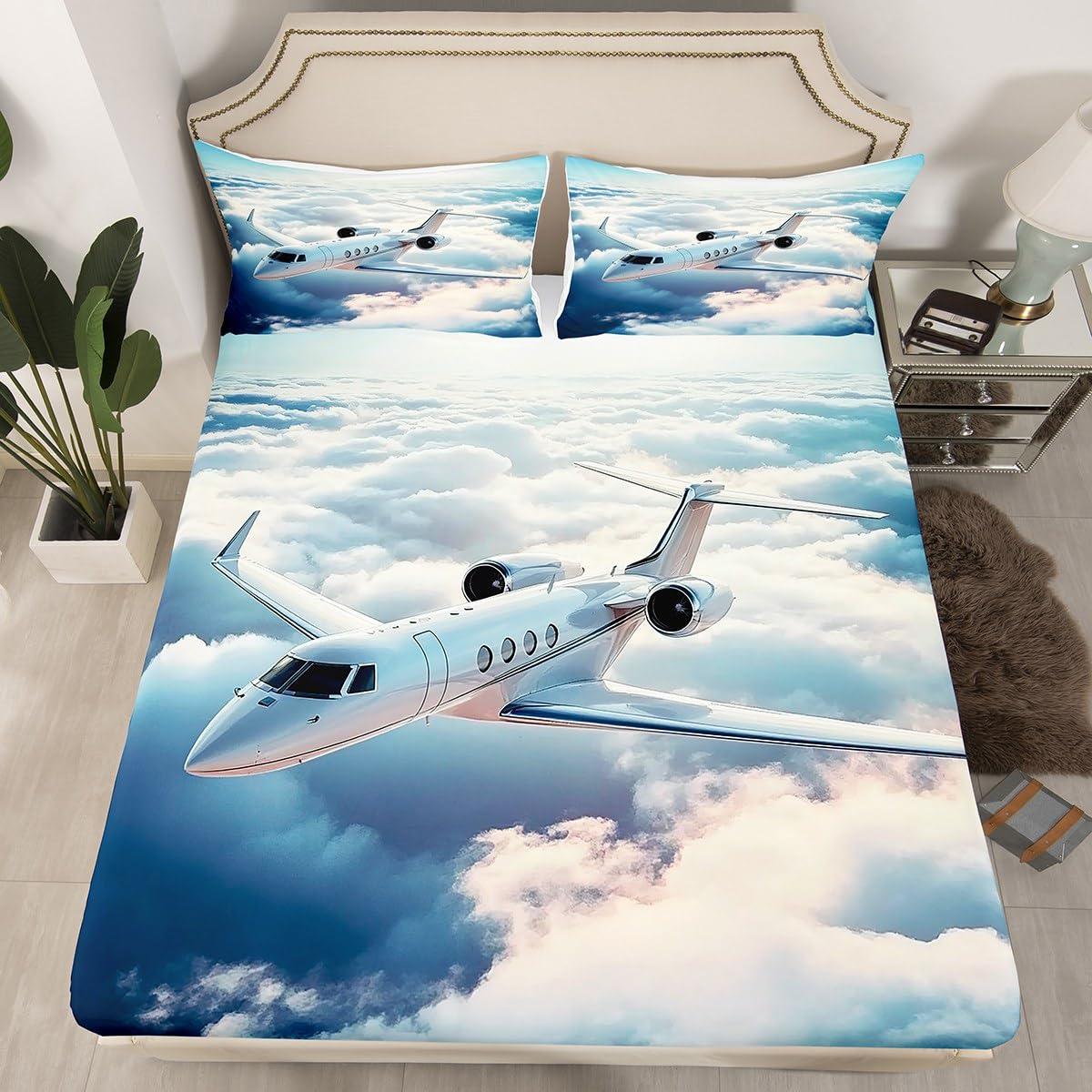 Feelyou Kids Aircraft Bed Sheet Set Full Size,3D Airplane Fitted Sheet Boys Girls Fighter Plane Bedding Set Sky Planes Teens Bed Cover Bedroom Decor (2 Pillow Cases and a Fitted Sheet)