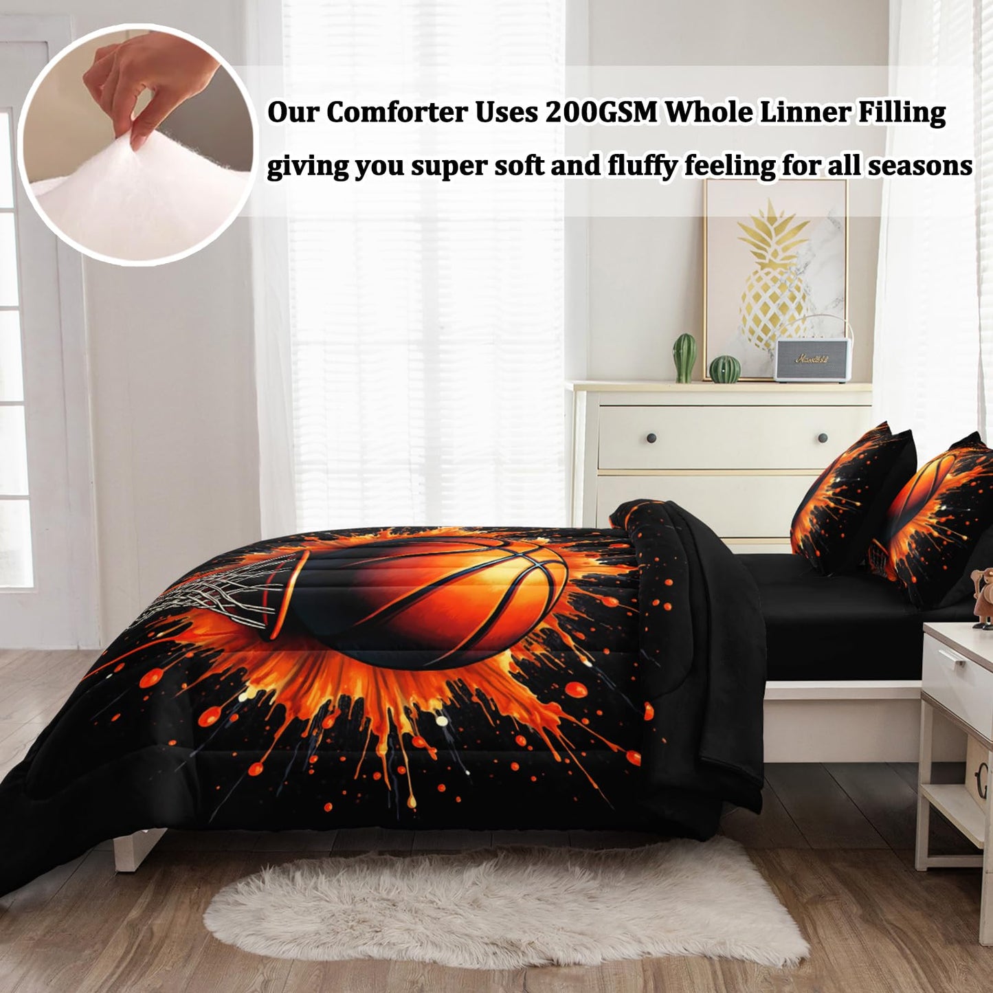 HICAND 5 Pcs Basketball Full Bedding Set for Boys Teens, Full Size Sports Cool Basketball Boys Comforter Set with Sheets