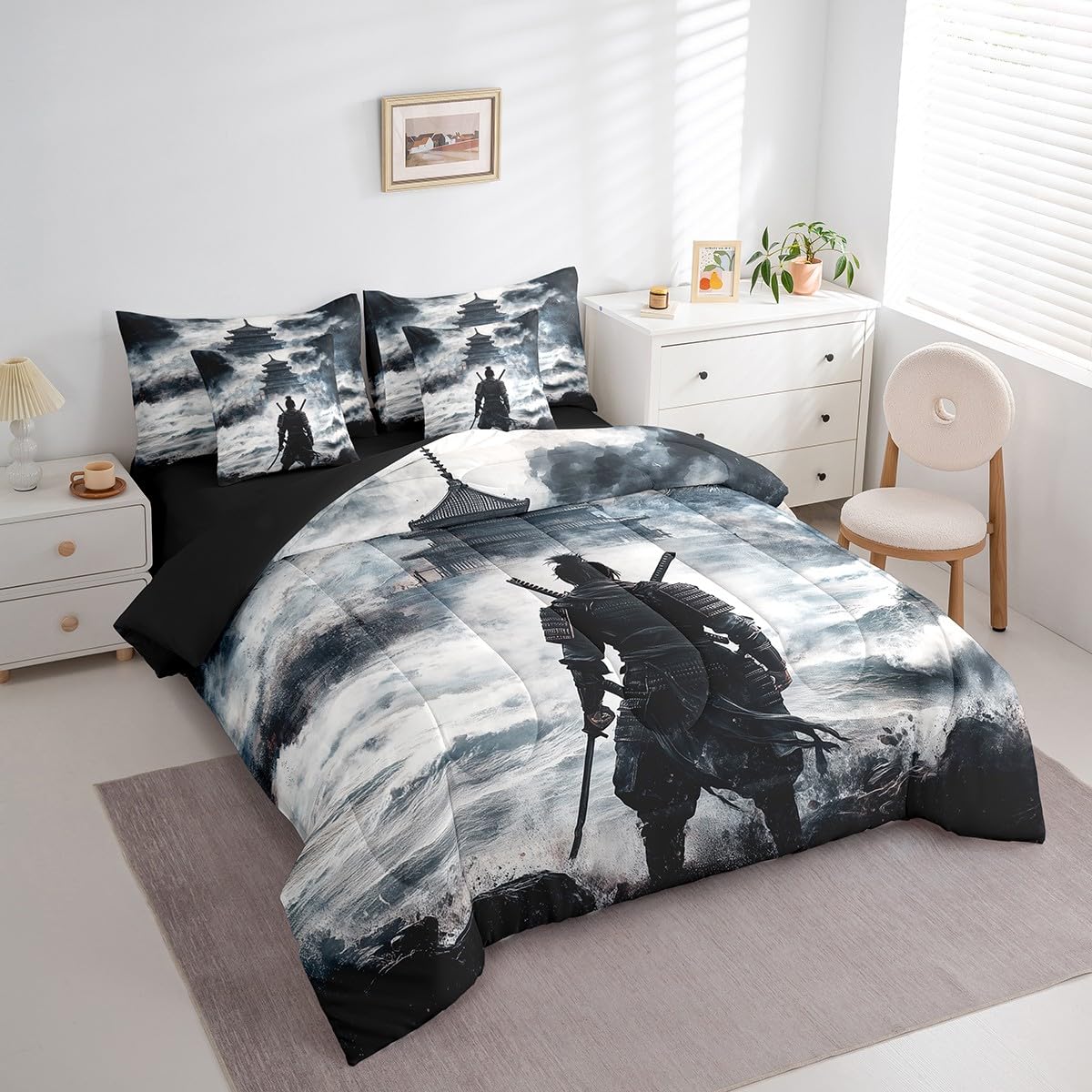 Queen Size 7 Pieces Bedding Sets Japanese Samurai Comforter Set Oriental Culture Bed Sheet Grey Reversible Printed Quilt Set + Flat Sheet + Fitted Sheet + 2 Pillowcase + 2 Throw Pillow Covers