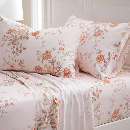 Zusbest Queen Sheet Set 100% Percale Cotton Orange Floral Bed Sheet Set, Brushed for Extra Softness, Luxury Flannel Sheets Like Shabby Vintage Flower Print Deep Pocket Sheets 17.5'' 4 Pcs